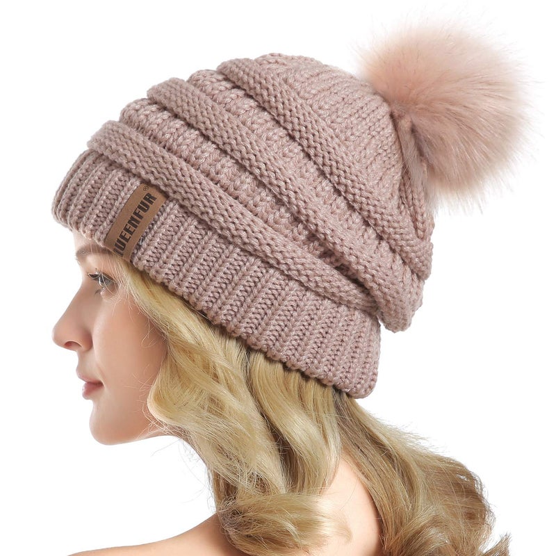 QUEENFUR Women Knit Slouchy Beanie Chunky Baggy Hat with Faux Fur Pompom Winter Soft Warm Ski Cap - Image 1